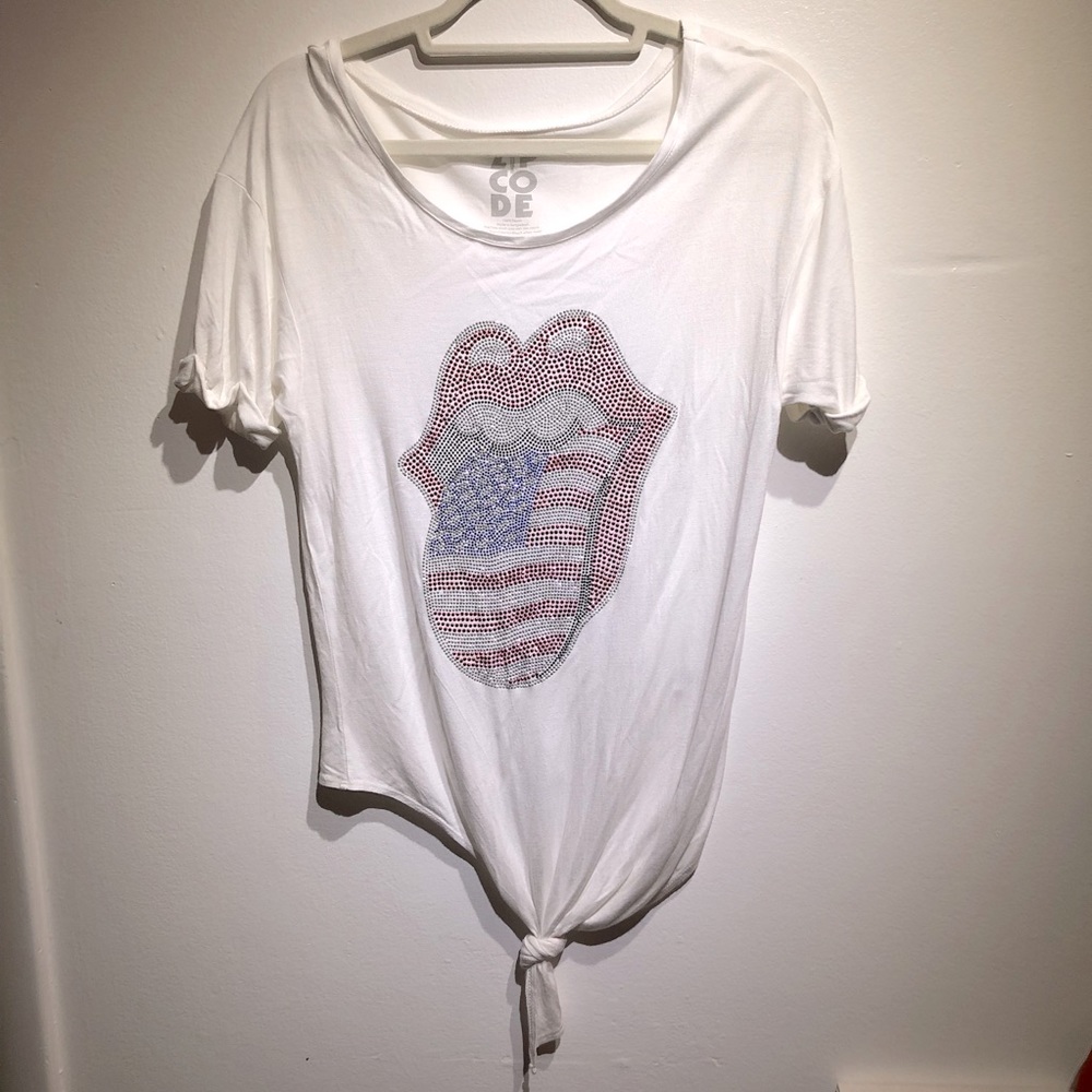 Zip Code Rolling Stones Short Sleeve White Shirt Rhinestones Tie Size L